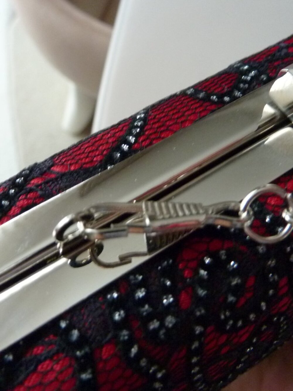 LULU TOWNSEND Red Satin Black Lace Hard Case handbag purse clutch Silver Chain - Picture 15 of 15